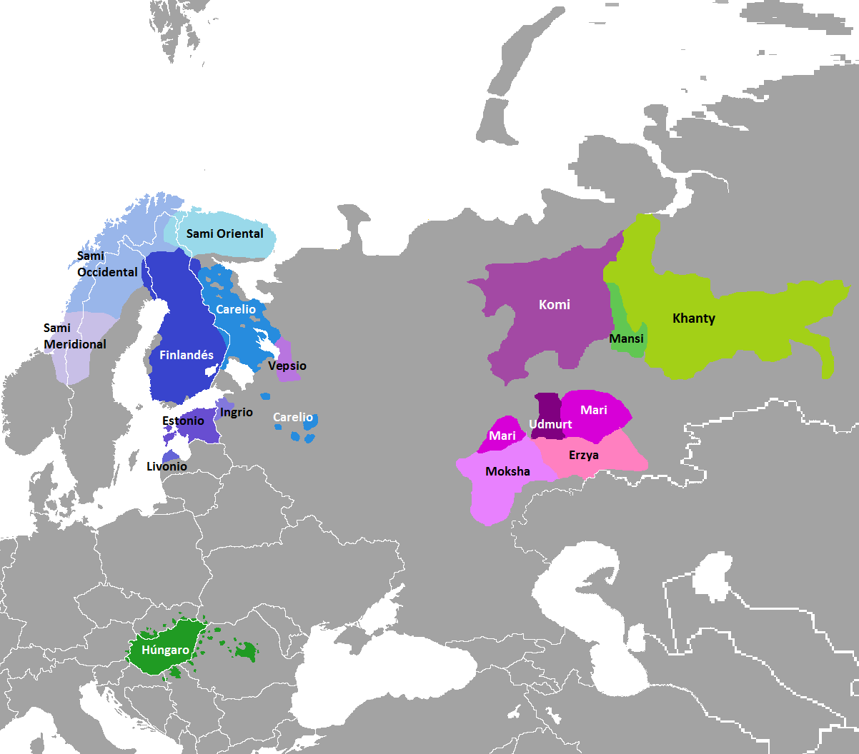 Distribución de los idiomas ugrofineses. Se concentra en tres zonas geográficas: el norte de Europa, centrado en Finlandia y Estonia, en el centro de Europa sobre Hungría, y en el centro-oeste de Rusia.